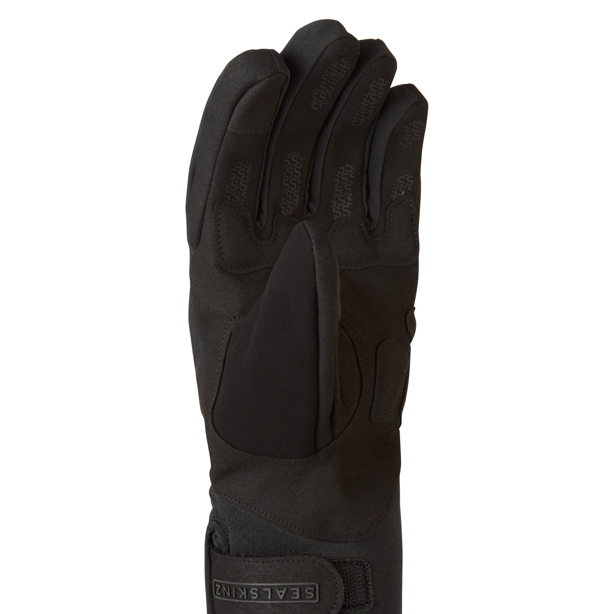 Black full-finger cycling gloves with SEALSKINZ logo patch on back of hand