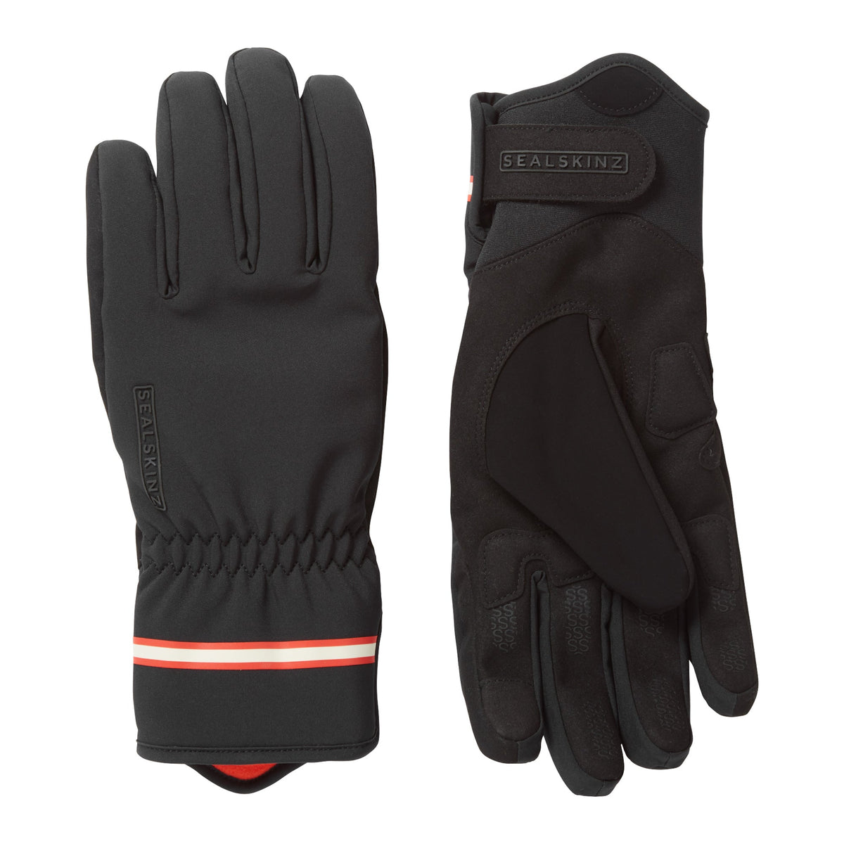 Pair of black cycling gloves with SEALSKINZ label, grippy palm and reflective stripe