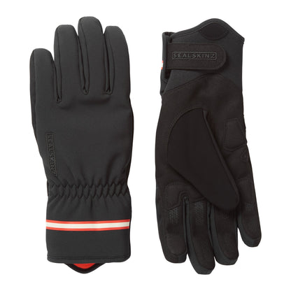 Pair of black cycling gloves with SEALSKINZ label, grippy palm and reflective stripe