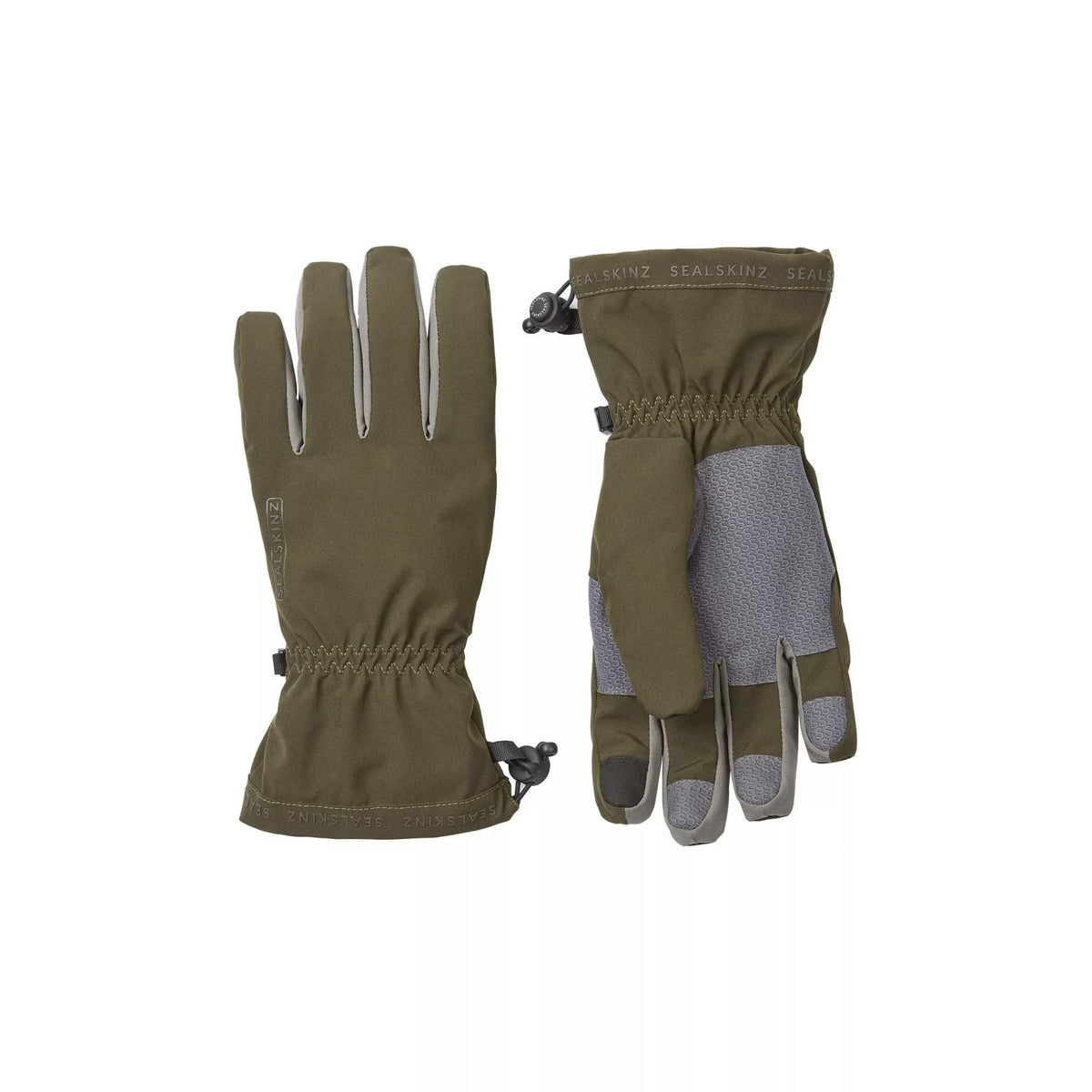 Olive waterproof lightweight gauntlet gloves with elastic cuff and gray textured palm