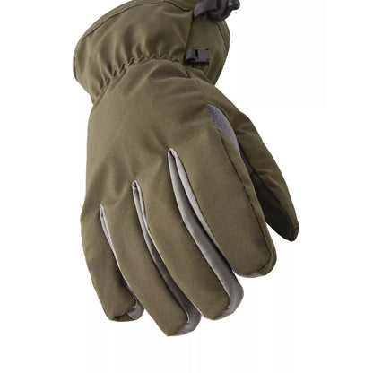 Olive waterproof lightweight gauntlet gloves, close-up of five fingers and textured grip