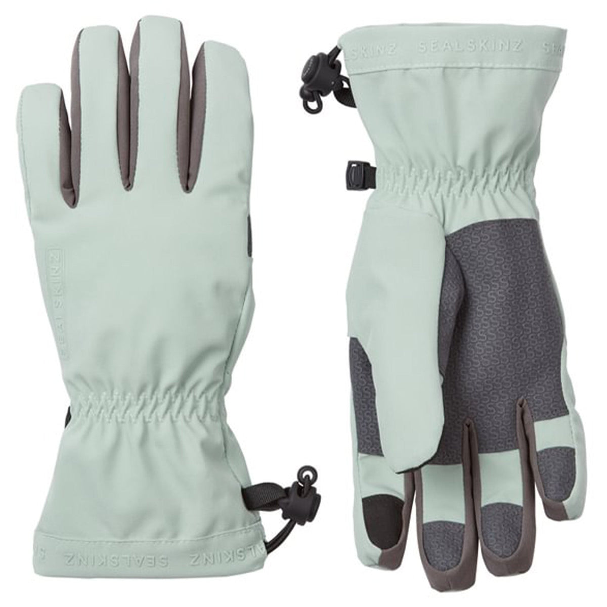 Light green waterproof lightweight gauntlet gloves with elastic cuff and gray textured palms