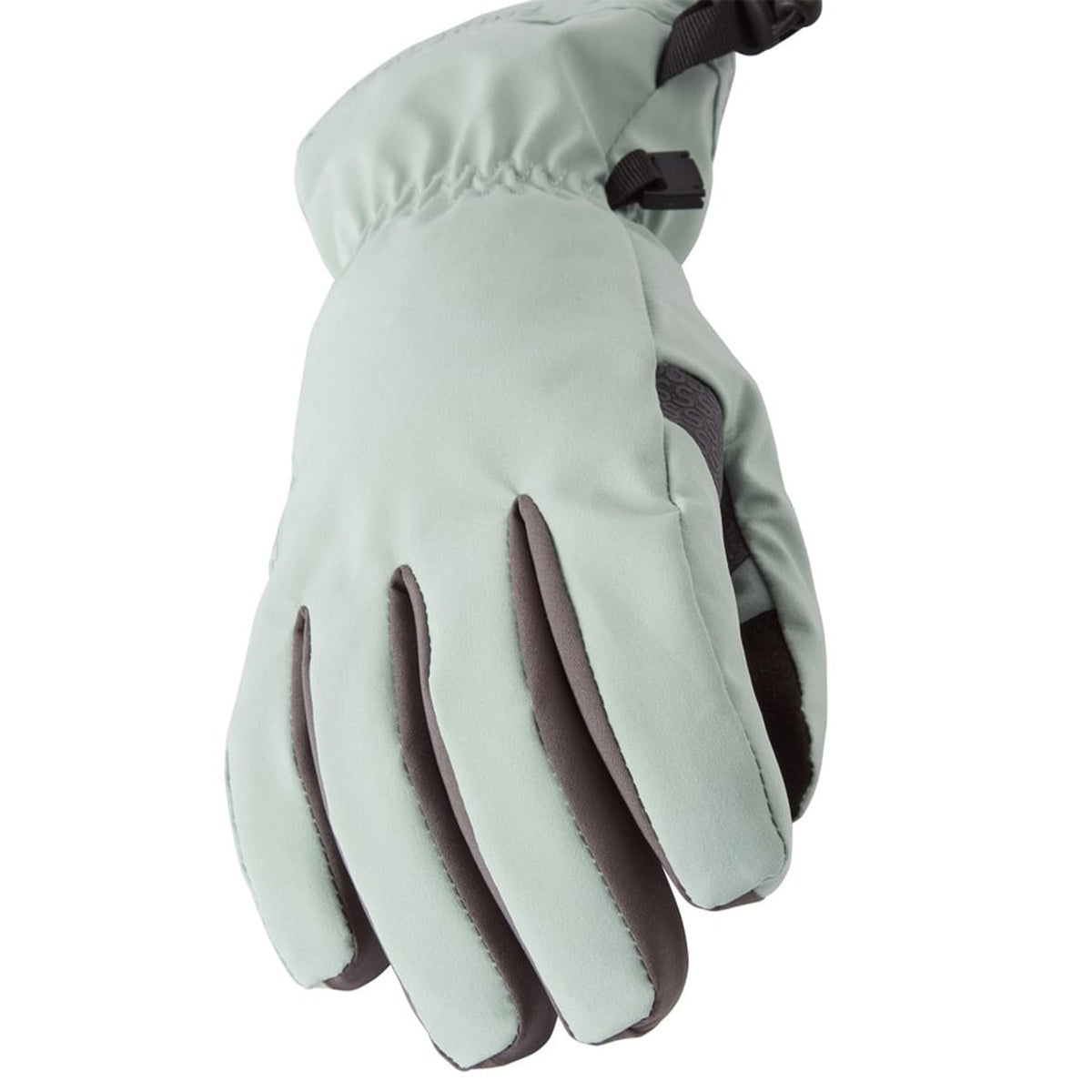 Light green waterproof lightweight gauntlet gloves, close-up of palm and finger panels