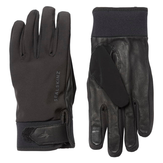 Black gloves with textured leather palm, padded knit back, snap cuff strap
