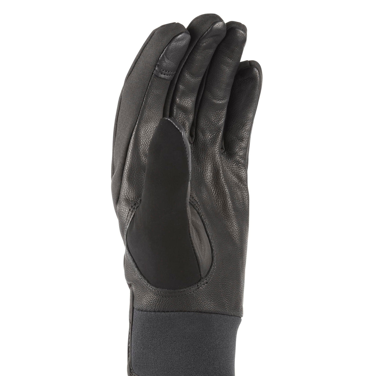 Black leather palm gloves with padded knuckle section and elastic wrist cuff