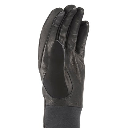 Black leather palm gloves with padded knuckle section and elastic wrist cuff