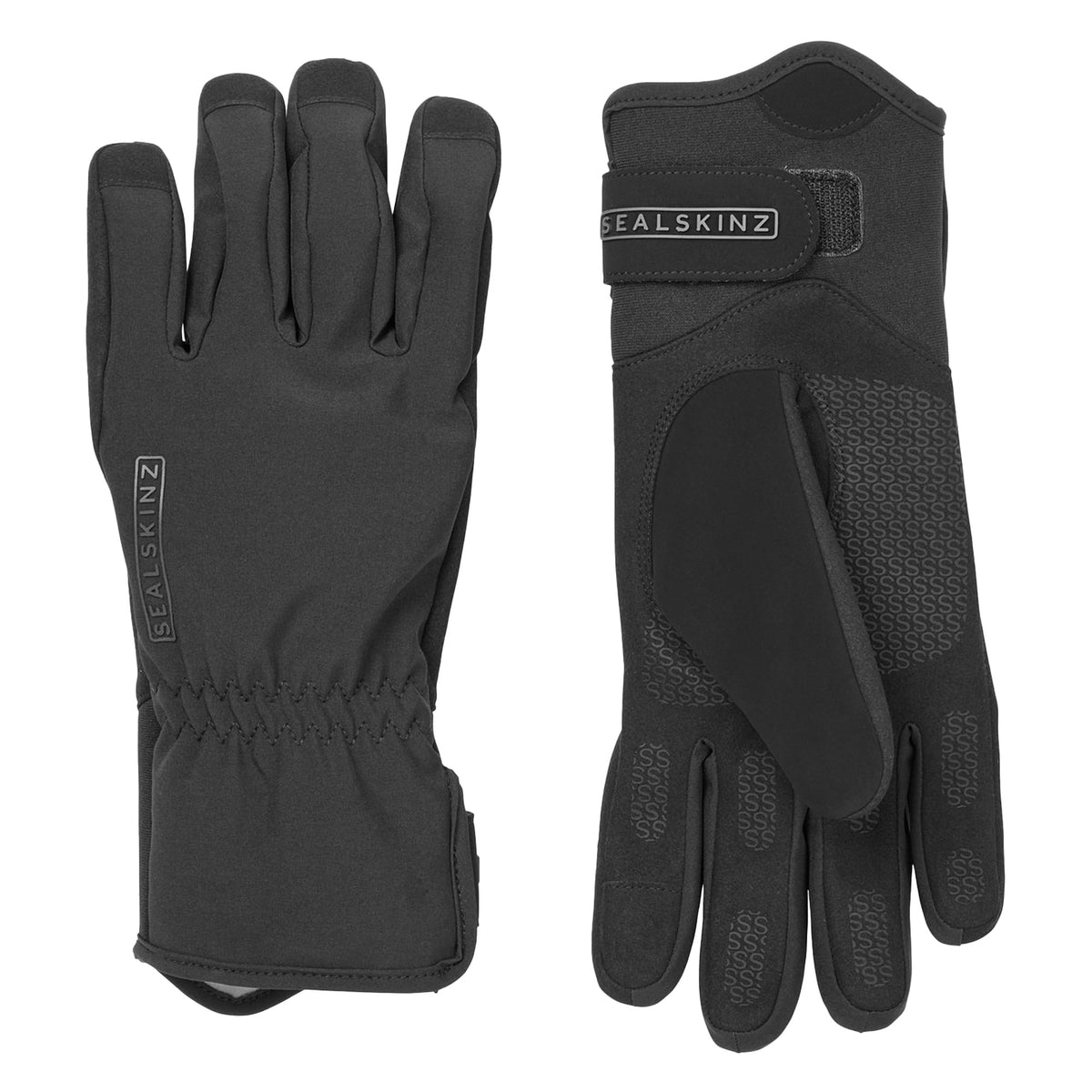 Black waterproof cycle gloves with padded back, textured palm, and hook-and-loop cuff