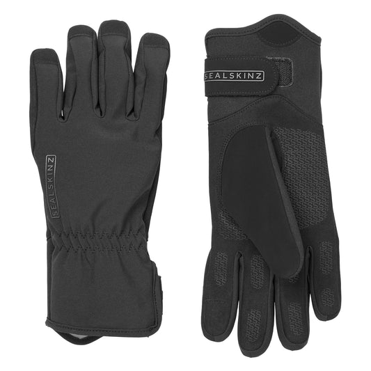 Black waterproof cycle gloves with padded back, textured palm, and hook-and-loop cuff