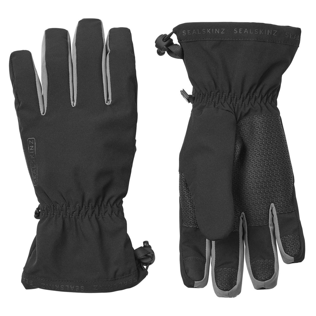 Black waterproof lightweight gauntlet gloves with elastic cuff and textured palm inserts