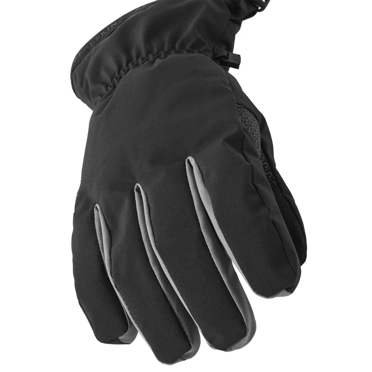 Black waterproof lightweight gauntlet gloves, close-up of five-finger design