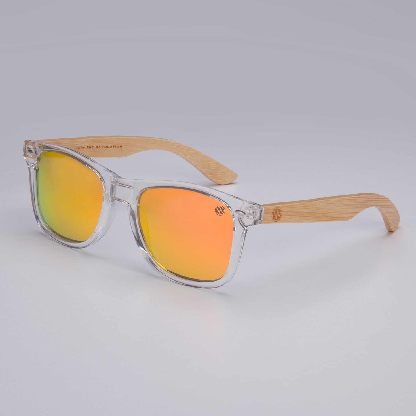 Clear sunglasses with orange mirrored lenses and bamboo-look arms