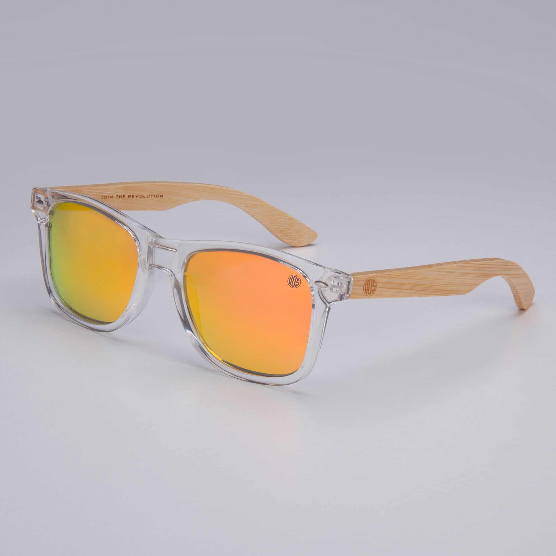 Clear sunglasses with orange mirrored lenses and bamboo-look arms
