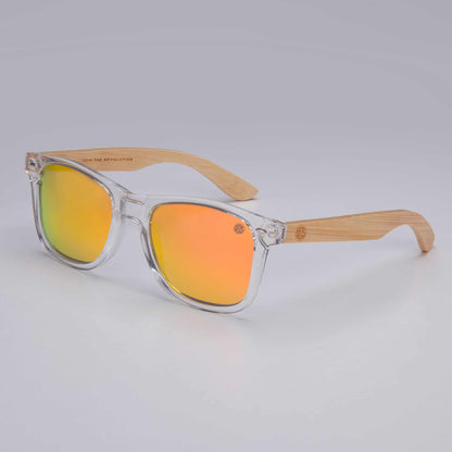 Clear sunglasses with orange mirrored lenses and bamboo-look arms