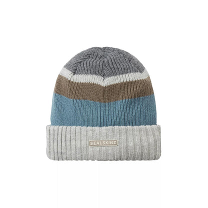 Striped knit beanie with rolled cuff; grey, blue and brown stripes; SealSkinz patch