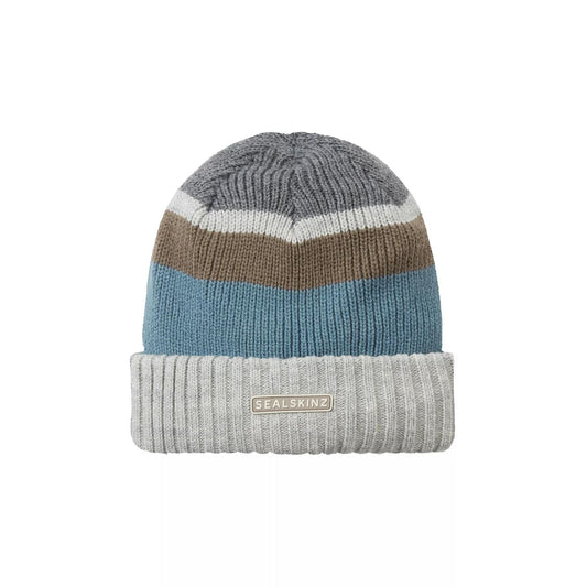 Striped knit beanie with rolled cuff; grey, blue and brown stripes; SealSkinz patch