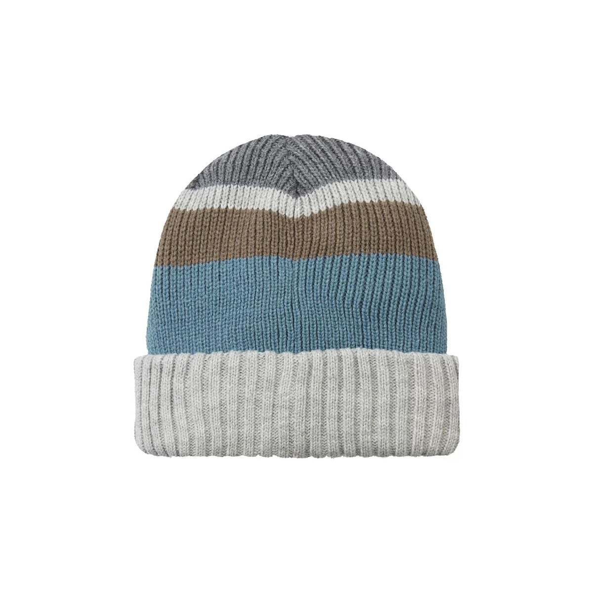 Striped knit beanie with rolled cuff; grey top, blue band and brown stripe; SealSkinz patch