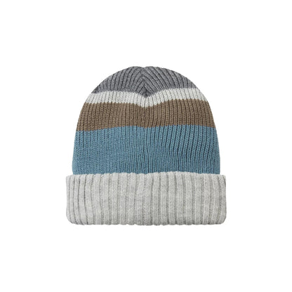 Striped knit beanie with rolled cuff; grey top, blue band and brown stripe; SealSkinz patch