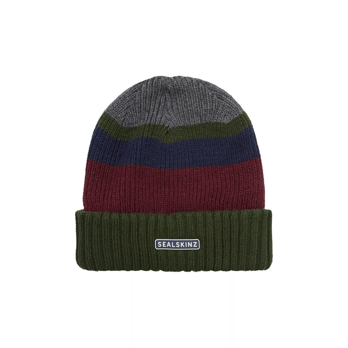 Striped knit beanie with rolled cuff; dark grey, navy and red bands, olive cuff; SealSkinz patch
