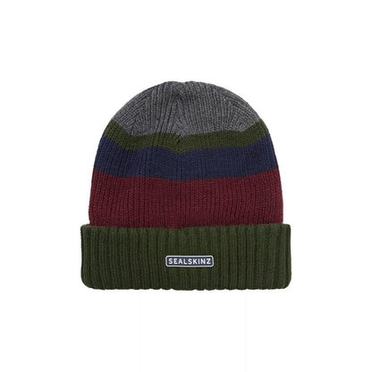 Striped knit beanie with rolled cuff; dark grey, navy and red bands, olive cuff; SealSkinz patch