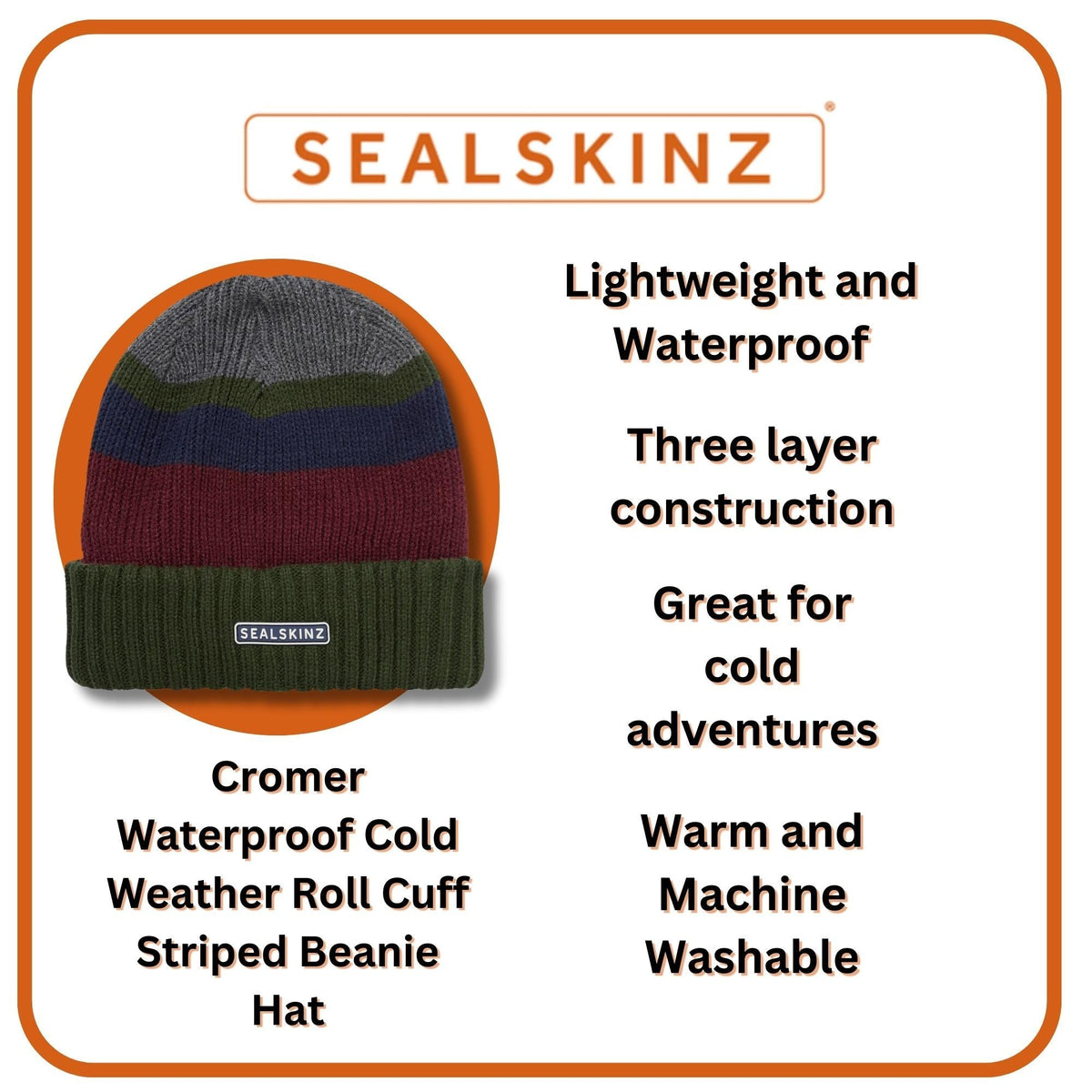 SealSkinz striped beanie shown on card; dark grey-navy-red stripes with roll cuff and patch