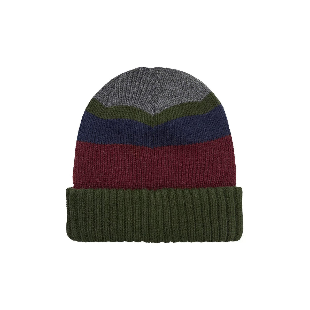 Striped knit beanie with rolled cuff; dark grey, navy and red stripes, olive cuff; SealSkinz patch