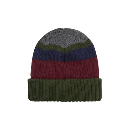 Striped knit beanie with rolled cuff; dark grey, navy and red stripes, olive cuff; SealSkinz patch