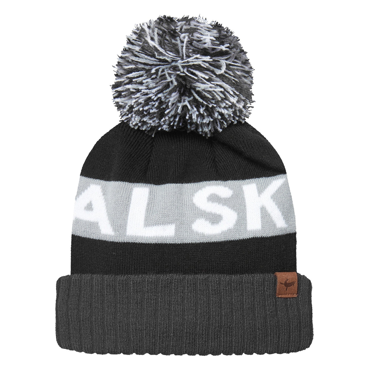 Black knit bobble hat with grey stripe reading "ALSK" and a small leather logo patch