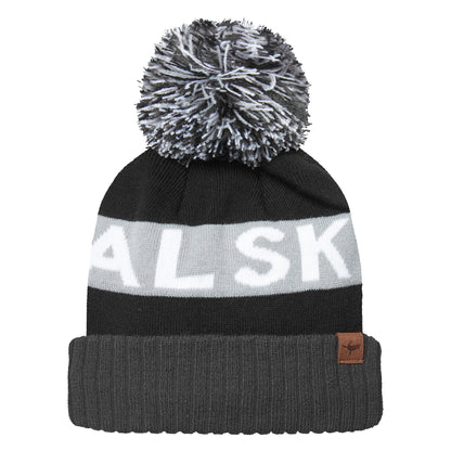 Black knit bobble hat with grey stripe reading "ALSK" and a small leather logo patch