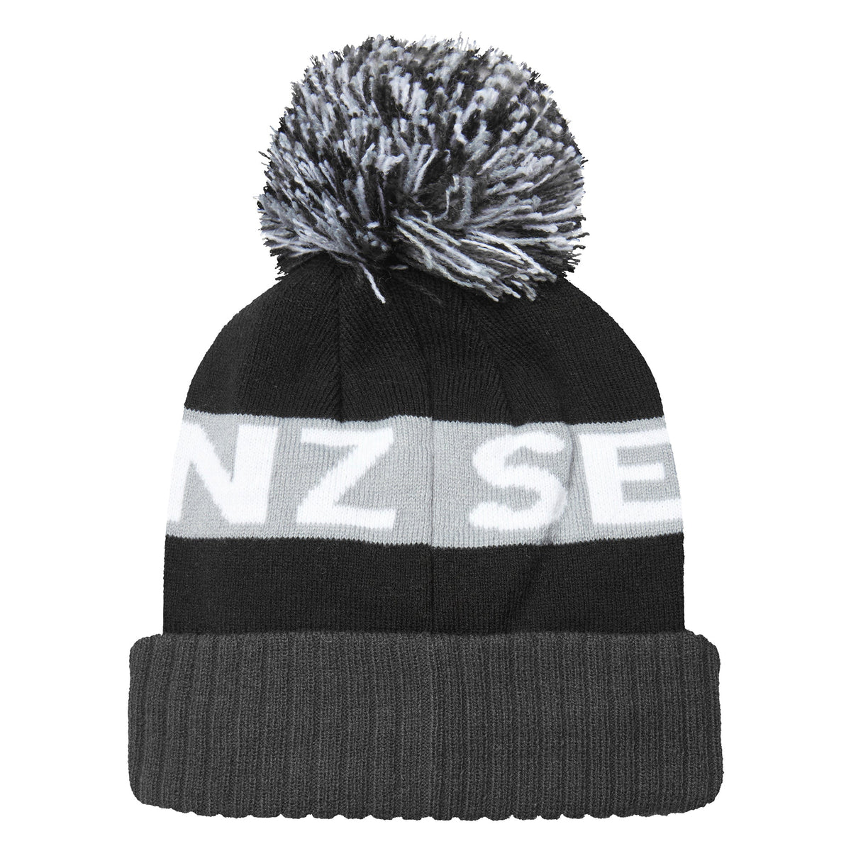 Dark beanie with grey bobble and light stripe reading "NZ SE" plus a leather logo patch