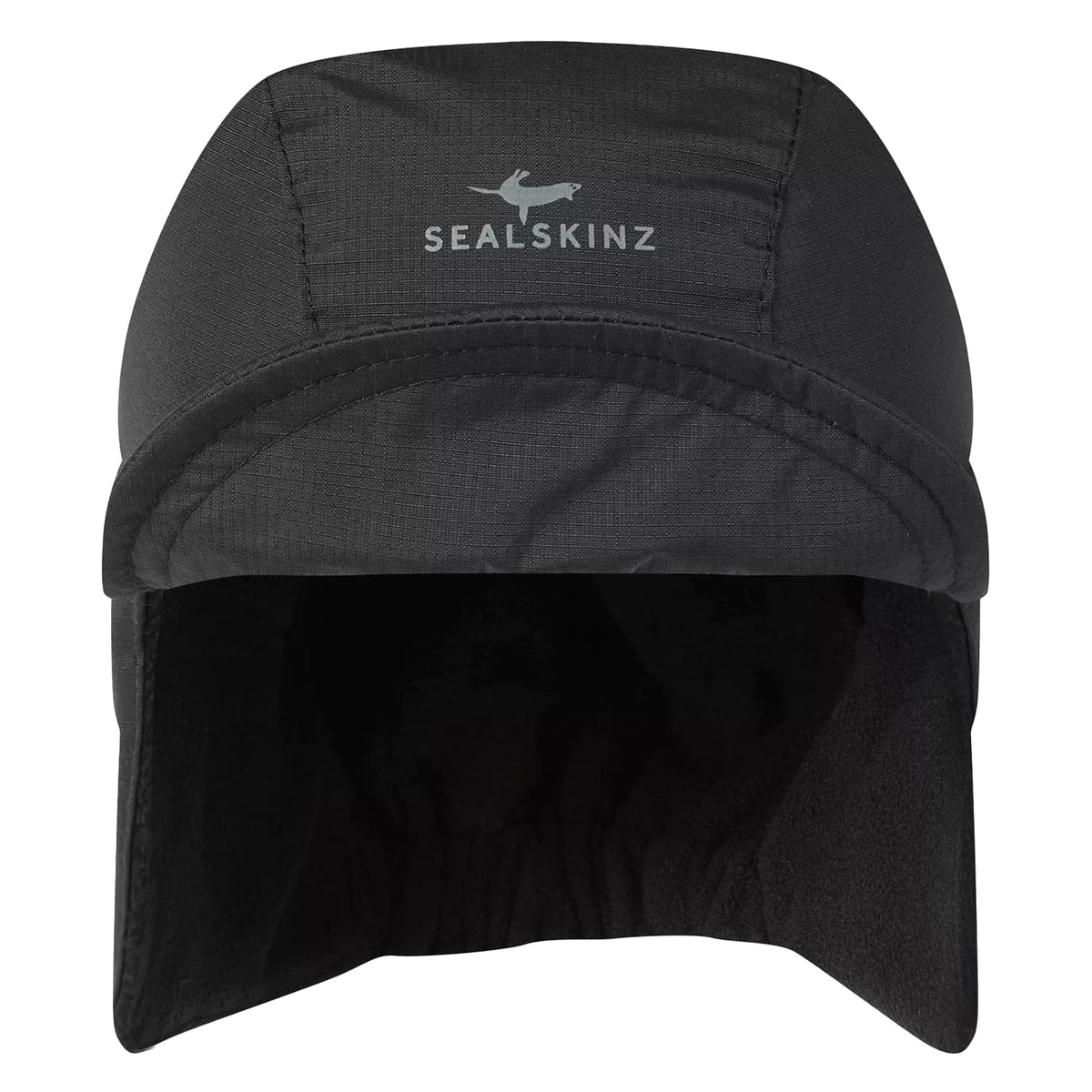 Black waterproof thermal trapper hat with SEALSKINZ logo front