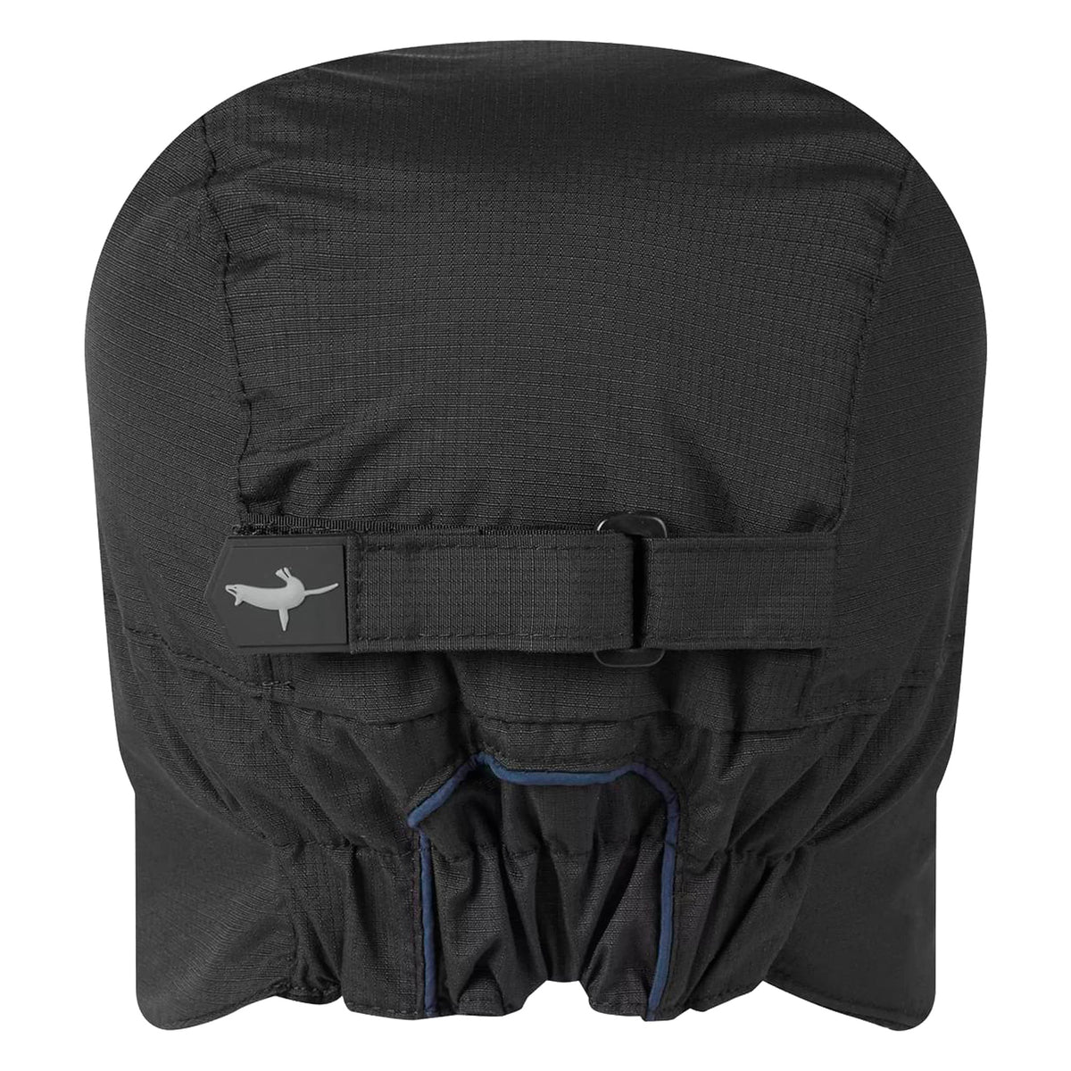 Black waterproof thermal trapper hat back view with neck flap and logo patch
