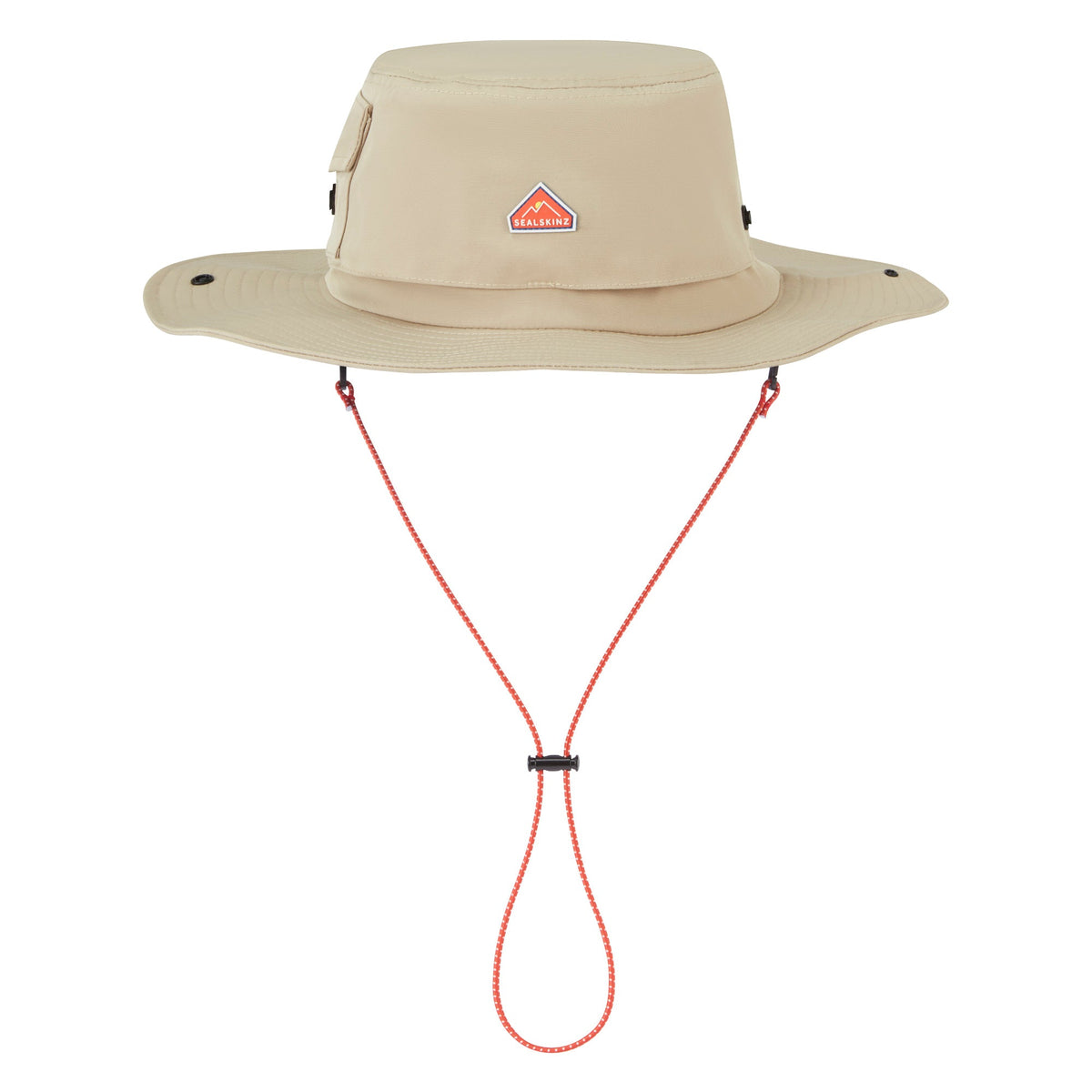 Stone waterproof boonie hat with wide brim, chin cord, and red logo patch