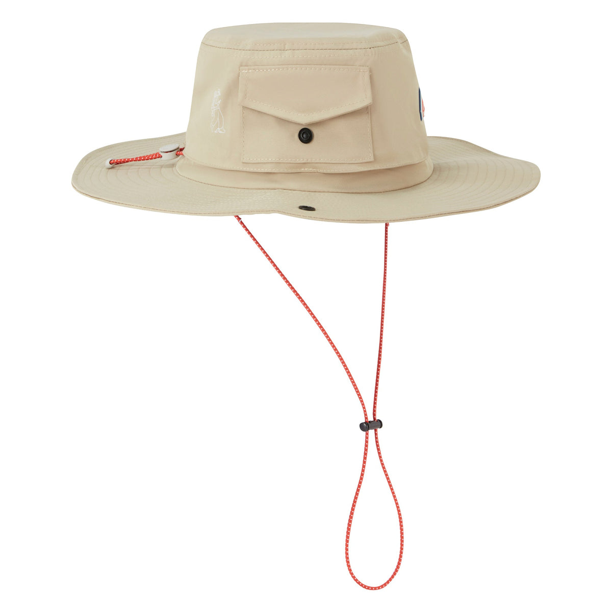 Stone boonie hat with flap pocket detail, wide brim, and chin cord with red trim