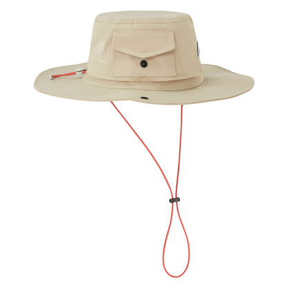Stone boonie hat with flap pocket detail, wide brim, and chin cord with red trim