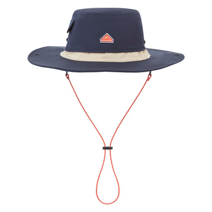 Navy waterproof boonie hat with wide brim, chin cord, and red logo patch