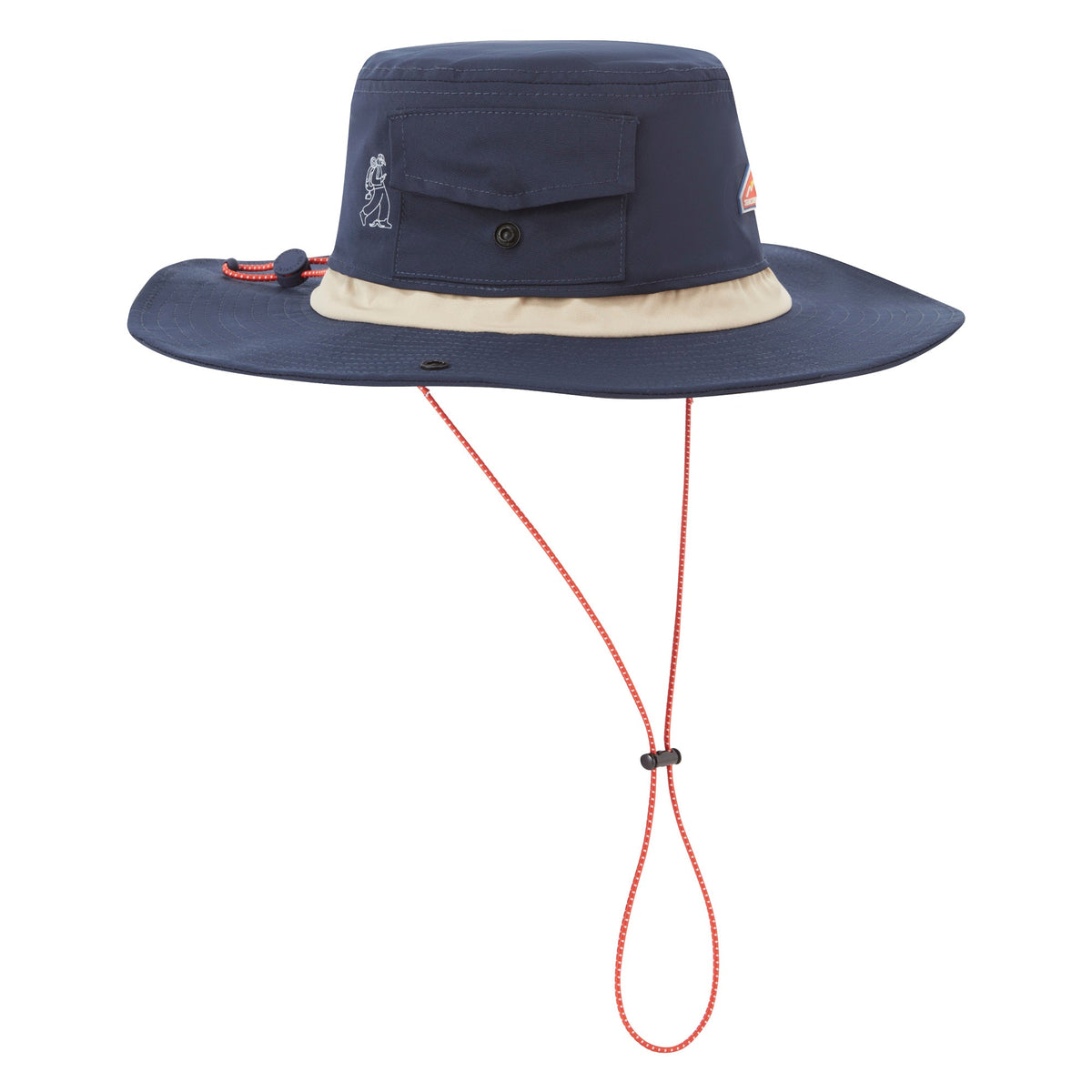 Navy boonie hat with flap pocket detail, wide brim, and chin cord with red trim