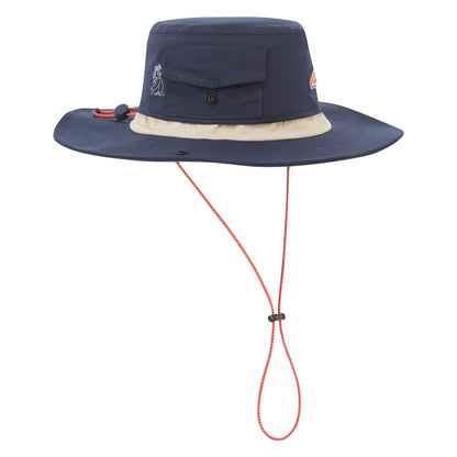 Navy boonie hat with flap pocket detail, wide brim, and chin cord with red trim