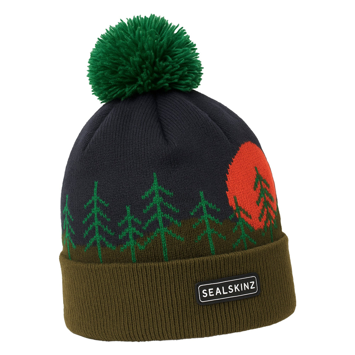 Navy knit bobble hat with green pine tree pattern, red patch, and Sealskin badge