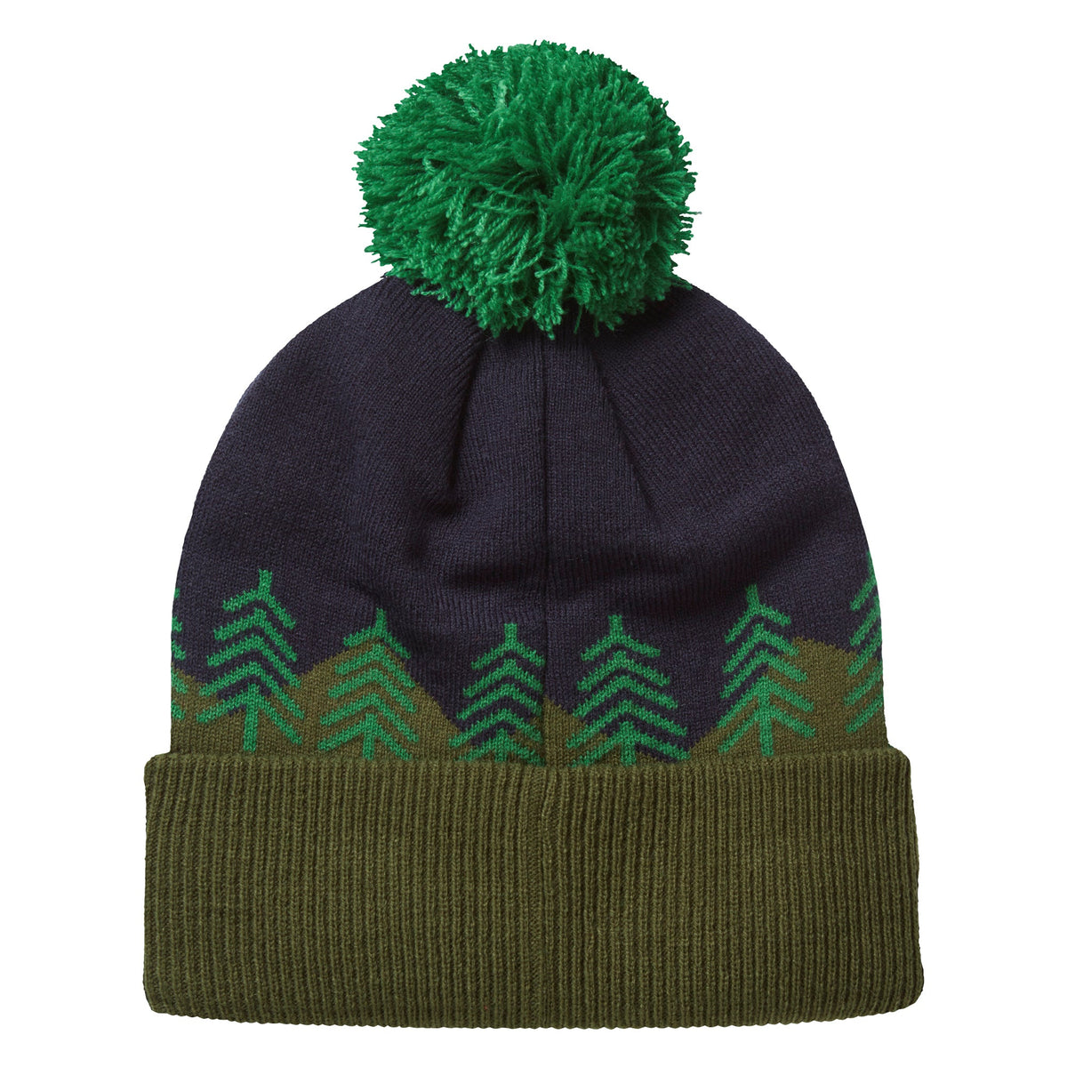 Navy knit bobble hat with green pine tree band and large green pom-pom