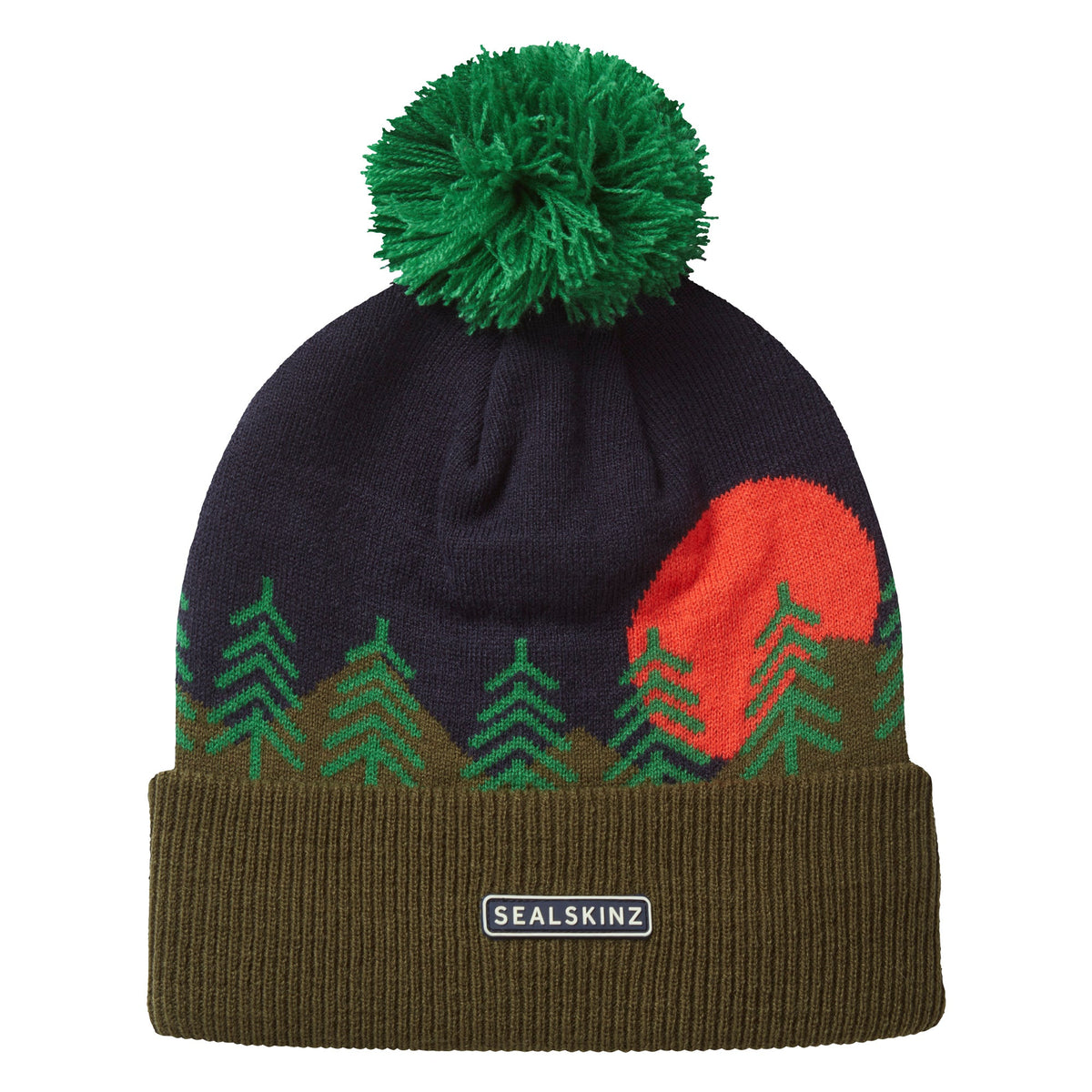 Navy knit bobble hat with green pine tree pattern, red side panel, and Sealskin tag