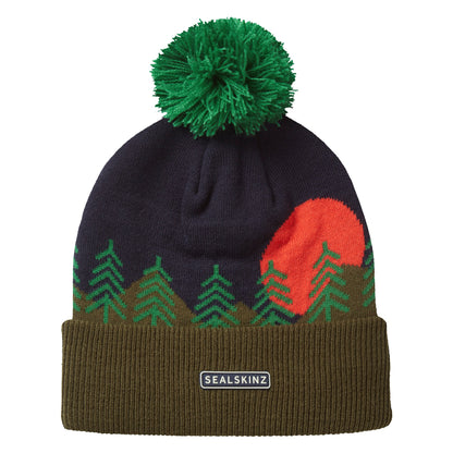 Navy knit bobble hat with green pine tree pattern, red side panel, and Sealskin tag