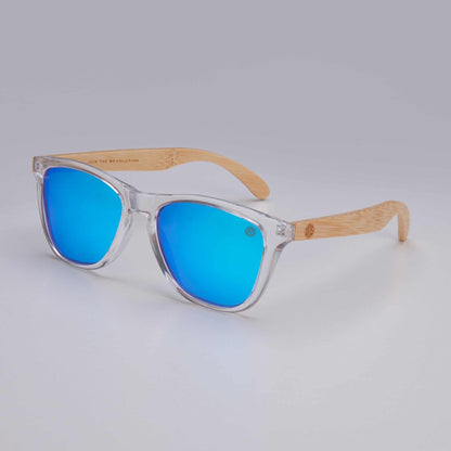 Sky blue mirrored polarised sunglasses with clear frame and wood temples.