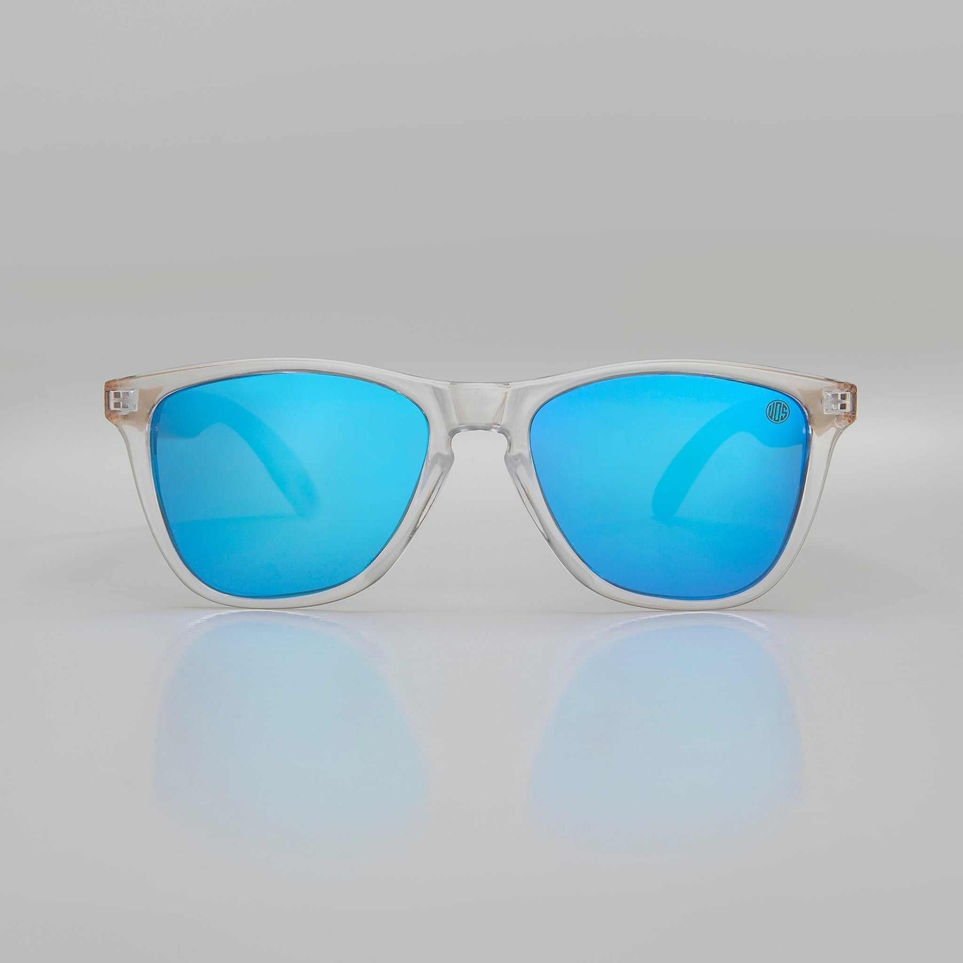 Front view clear frame sunglasses with sky-blue mirrored lenses and light wood temples
