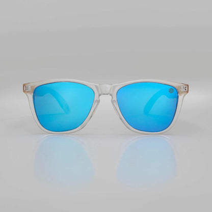 Front view clear frame sunglasses with sky-blue mirrored lenses and light wood temples