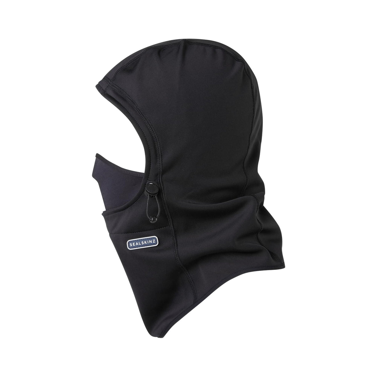 Black waterproof head gaitor with drawstring, front logo patch