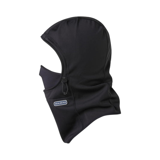 Black waterproof head gaitor with drawstring, front logo patch
