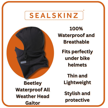 Black waterproof head gaitor infographic with logo, breathable and helmet-fit notes