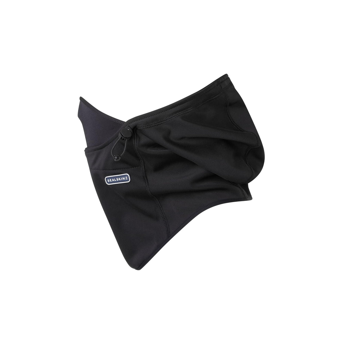 Black head gaitor with drawstring and front logo patch, angled view