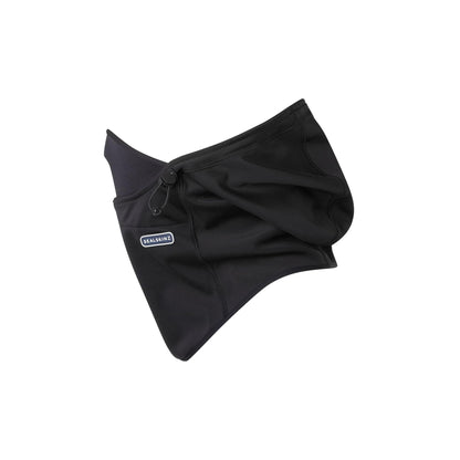 Black head gaitor with drawstring and front logo patch, angled view