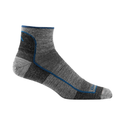 Charcoal quarter crew merino wool running socks with blue heel and toe accents